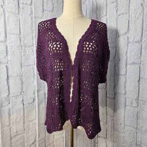 A.n.a Extra Large Eggplant Open Knit Scalloped Short Sleeve Open Cardigan
